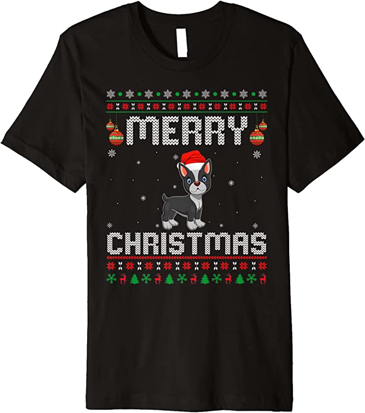 Boston Terrier Merry Xmas Design Matching Ugly Christmas Premium T-Shirt