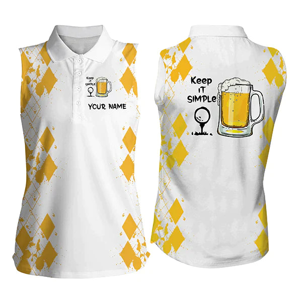 White Yellow Womens Sleeveless Polo Shirts, Keep It Simple Golf & Beer Custom Name Golf Polo Shirt