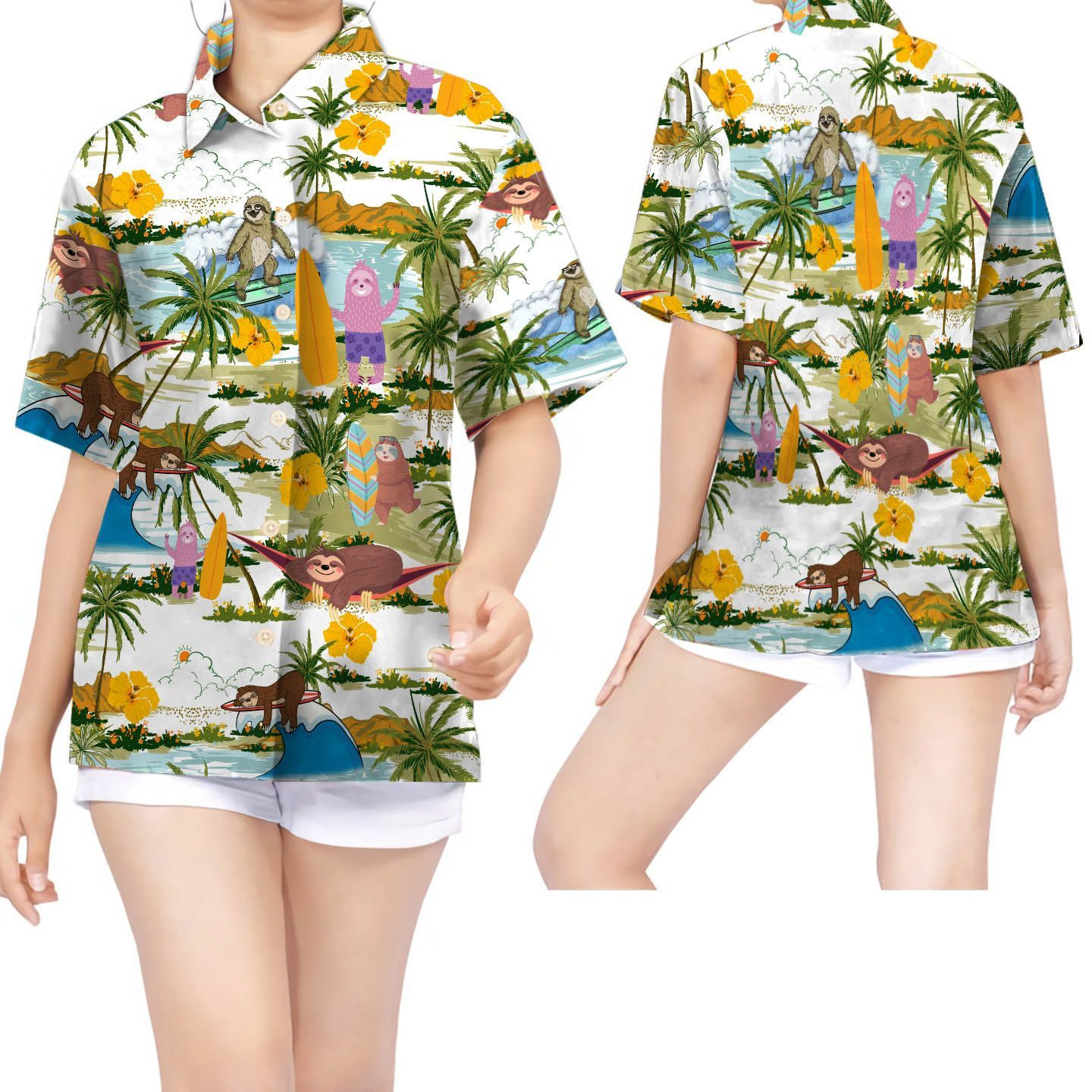 Sloth Surfing Tropical Coconut Tree Hawaiian Shirt For Women For Sloth Lovers – Gift For Sloth Lovers