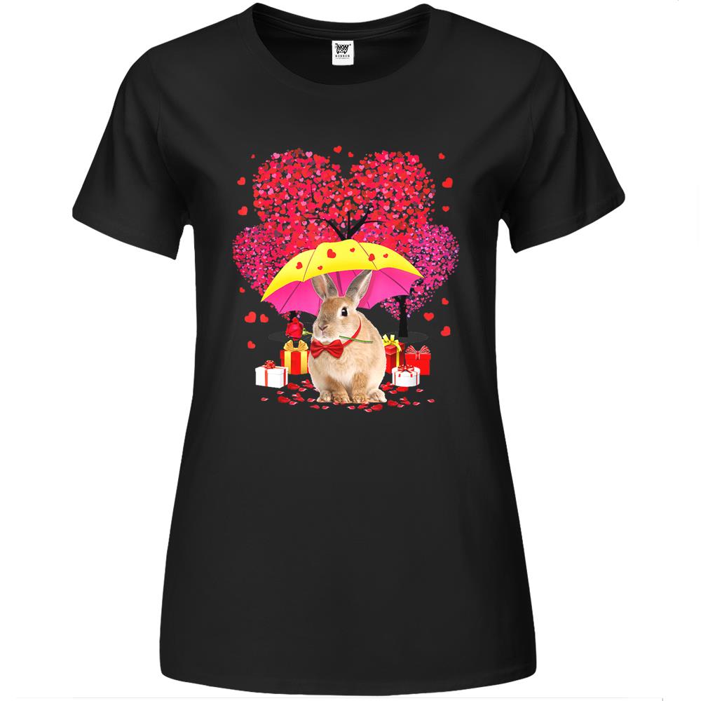 Rabbit Bunny Valentines Day Three Tree And Raining Hearts Premium Womens T Shirts