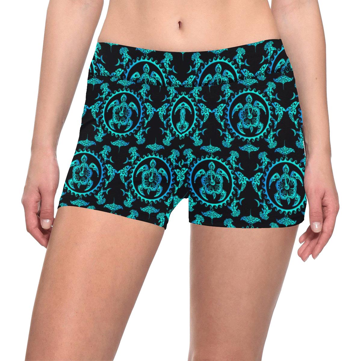 Turquoise Tribal Sea Turtle Hawaii Yoga Shorts Ha16329