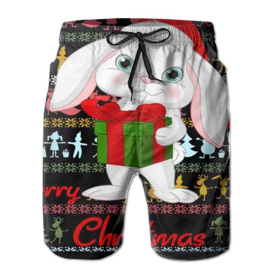 2 Pack Cute Rabbit Ugly Christmas Sweater 2023 Poster Men Swim Trunks Drawstring Elastic Waist Quick Dry Beach Shorts With Mesh Lining Swimwear Bathing Suits