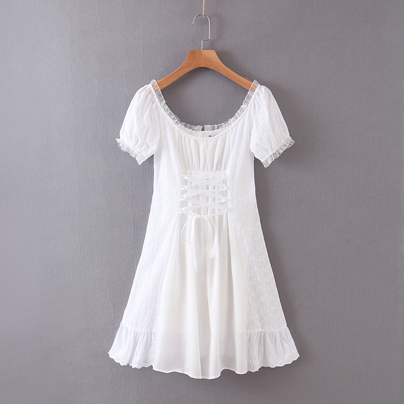 White embroidery lace up dress women 2021 summer ruffle vintage beach dress famale puff sleeve hollow out tulle dress vestidos alx