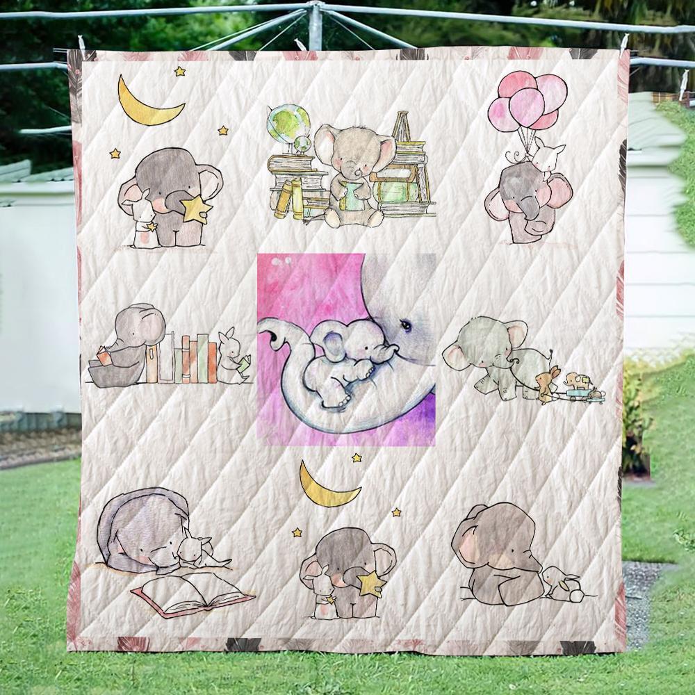 Baby Elephant Sleeping With Mother  Quilt Blanket