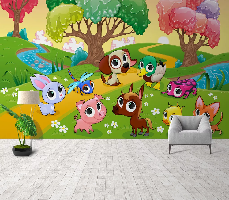 3D Cartoon Animal Forest Kid Wall Mural Wallpaper Sf677