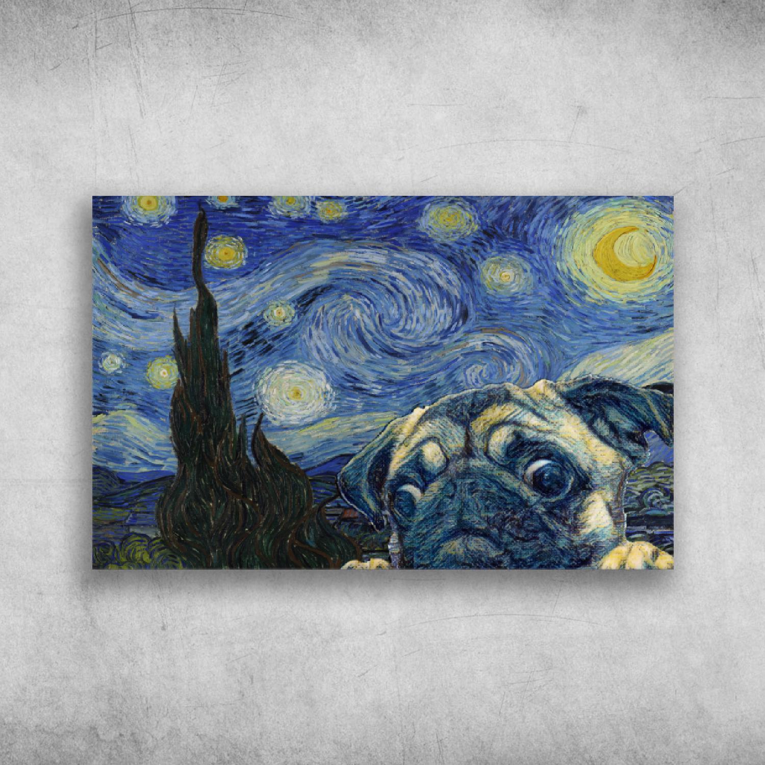 Starry Night With Pug Dog Poster Print Wall Art Canvas Wall Decor