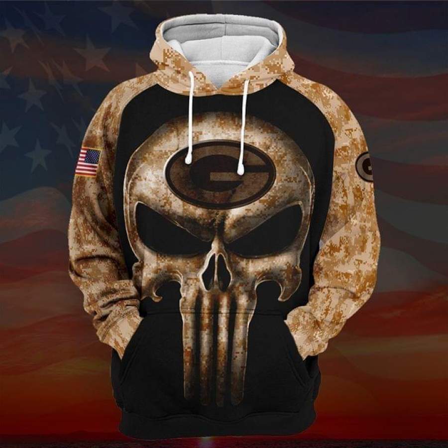 Camouflage Skull Green Bay Packers American Flag Printed Hoodie Unisex 3D All Over Print