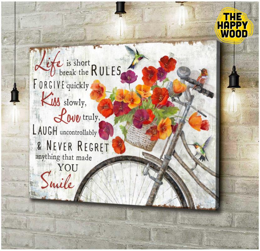 Beautiful Hummingbird And Flower Bike Life Is Short Farmhouse Horizontal Poster Canvas For Home Decoration