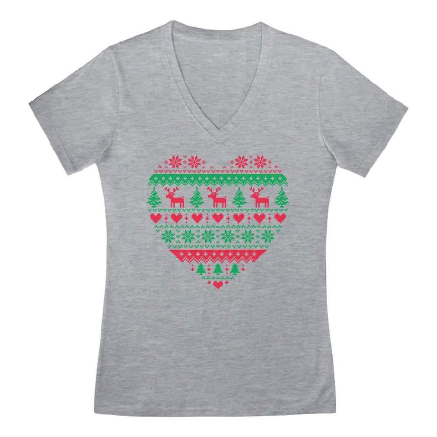 Xmas Party – Heart Shaped Ugly Christmas Sweater V-Neck Fitted Women T-Shirt