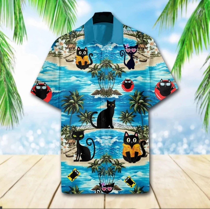 Funny Black Cat Chilling On The Beach Hawaii Shirt Ha72366