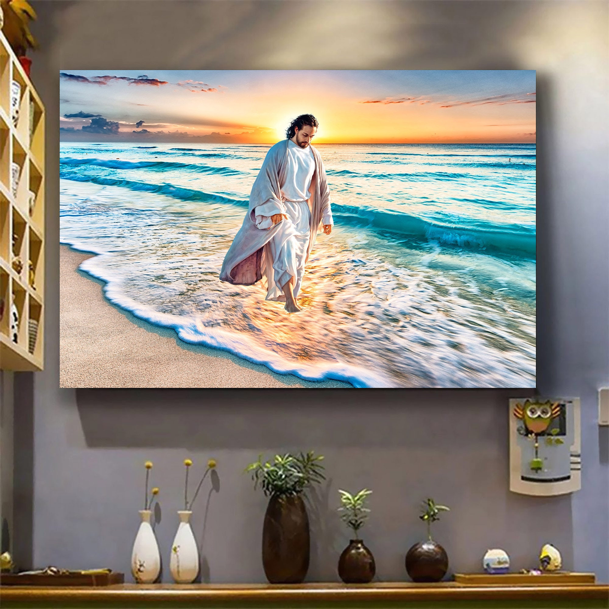 Jesus Walks On The Beach Canvas, | Jesus Canvas, God Canvas | Wall Decor | New Year Gift, Christmas Gift