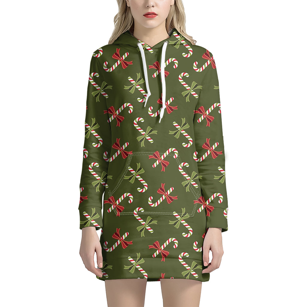 Xmas Candy Cane Pattern Print Women’S Pullover Hoodie Dress