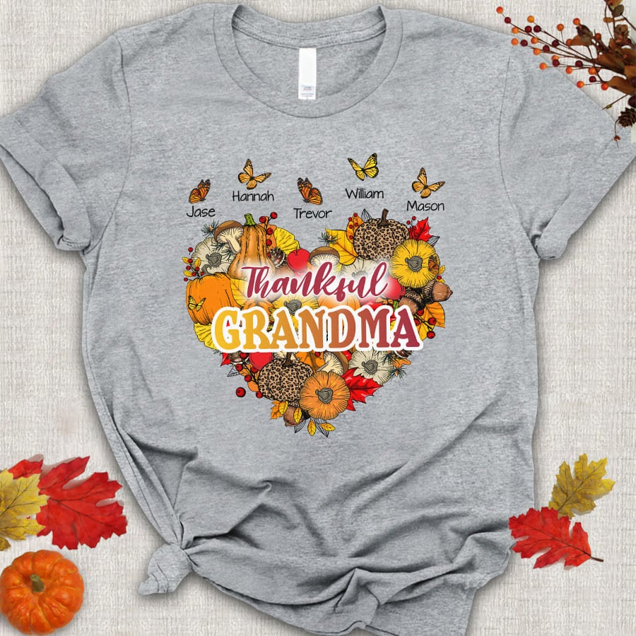 Thankful Grandma With Grandkids Heart Butterfly T-Shirt