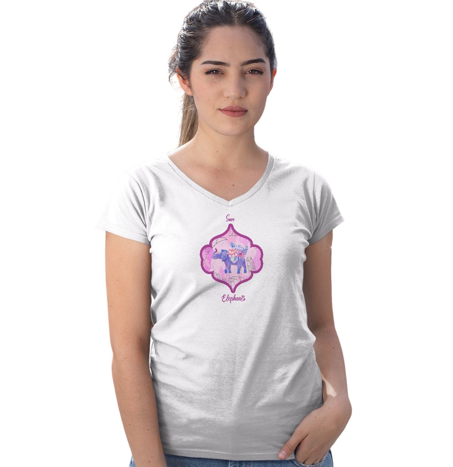 Save Elephants Pink Flowers – Women’S V-Neck T-Shirt