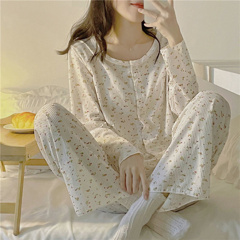 Women Floral Pajama Sets Sweet Simple Long Sleeve Button Tops Loose Comfort Lace Princess Nightwear Home Sleepwear Student New alx