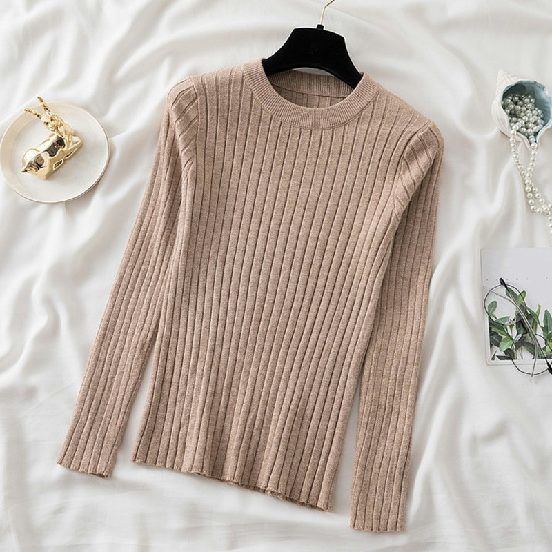 Women Casual O-Neck Knitted Sweater Winter Fashion Korean Slim Elastic Long Sleeves Ladies Pullovers Sweater Bottom Shirt alx