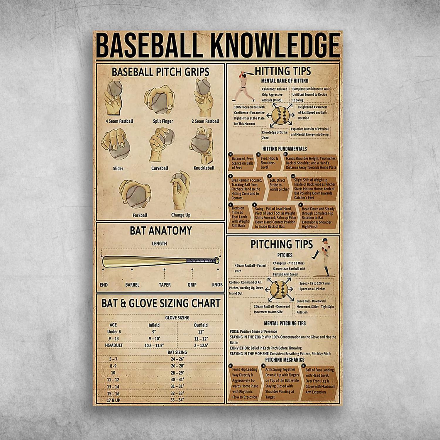 Baseball Knowledge Baseball Pitch Grips Hitting Tips Poster Print Wall Art Canvas Wall Decor