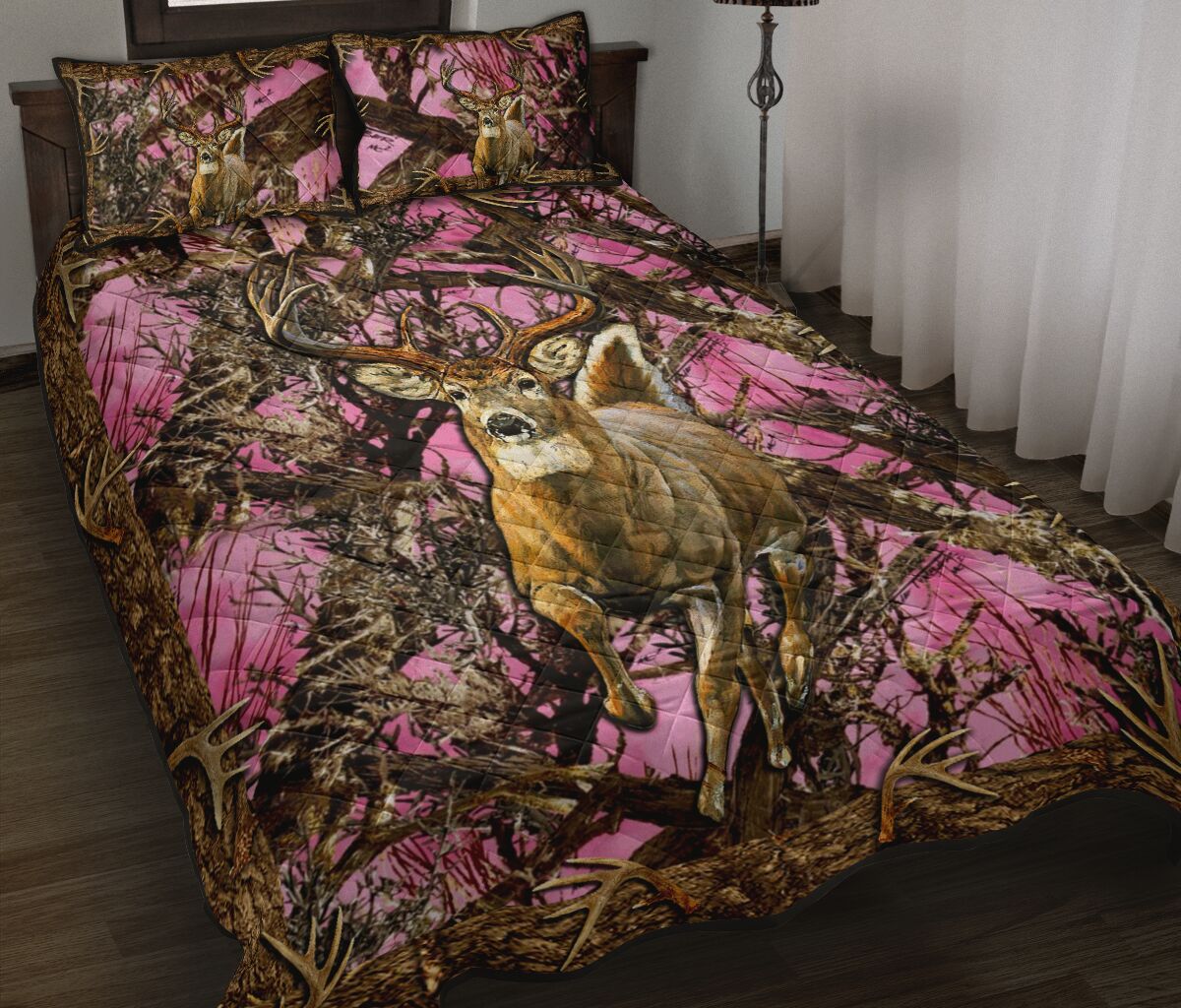 Pink Camo Deer Hunting Hunting  Quilt Set 0622