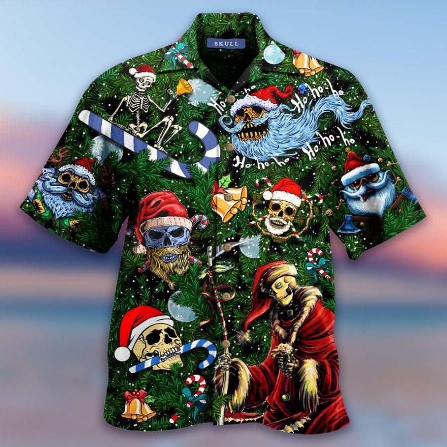 Christmas Ho Santa Skull Green Hawaii Aloha Shirts Ha94141