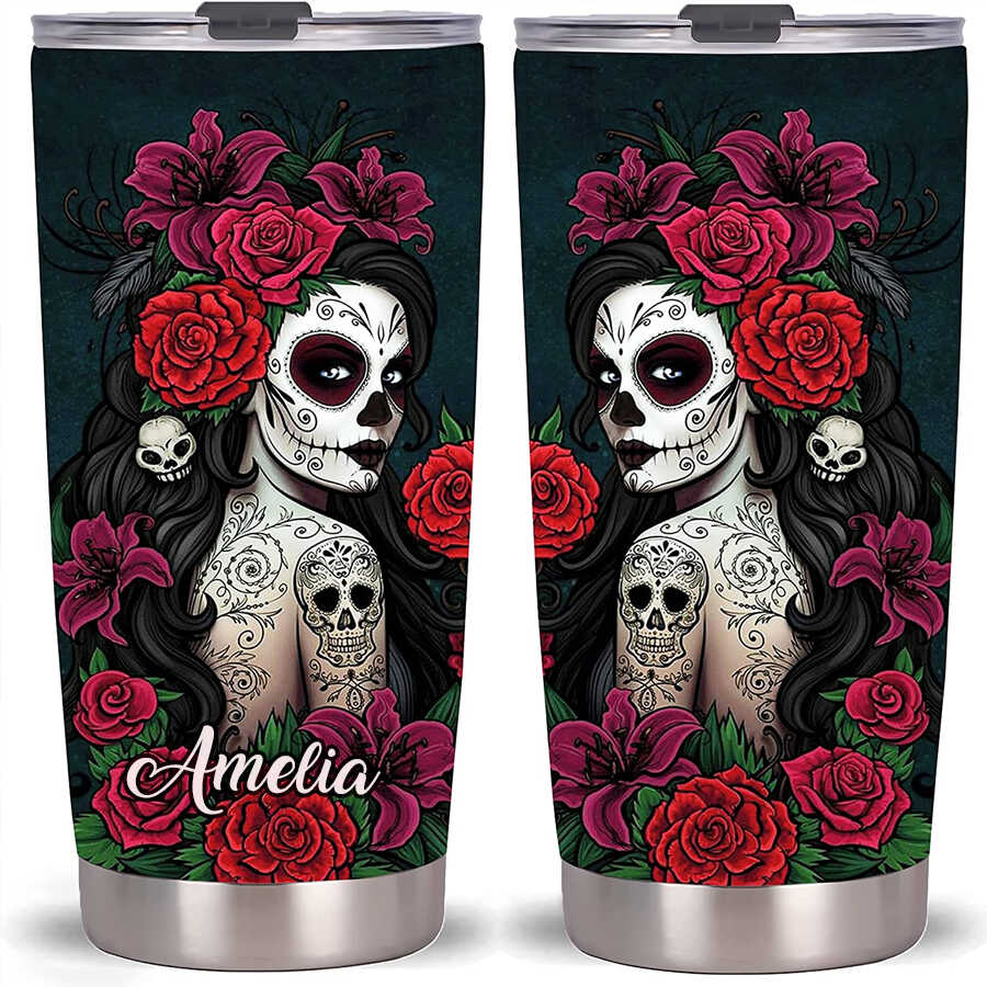 20Oz Sugar Skull Stainless Steel Tumbler, Red Rose Skeleton Tumbler For Women, Gift For Skull Lovers