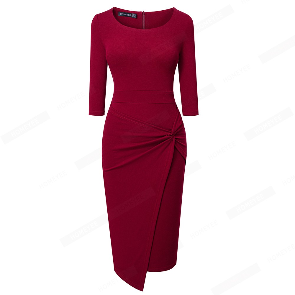 Women Elegant Charming Pure Color 3/4 Sleeve Scoop Neck Knotted Bodycon Pencil Dress EB683 alx