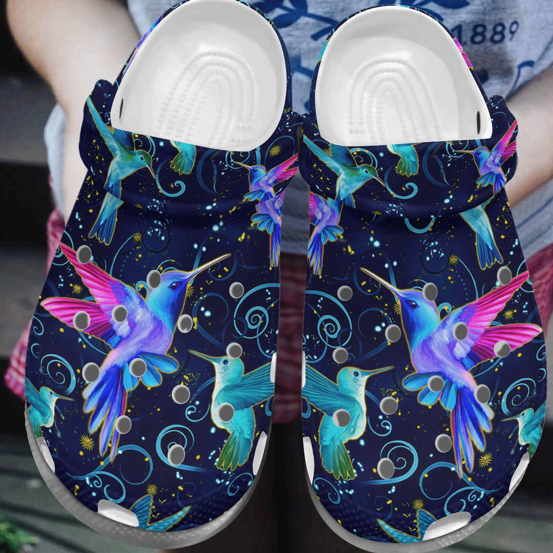 Hummingbirds In The Night Light Shoe – Hummingbird Flower Couple Crocbland Clog Birthday Gift For Woman Man