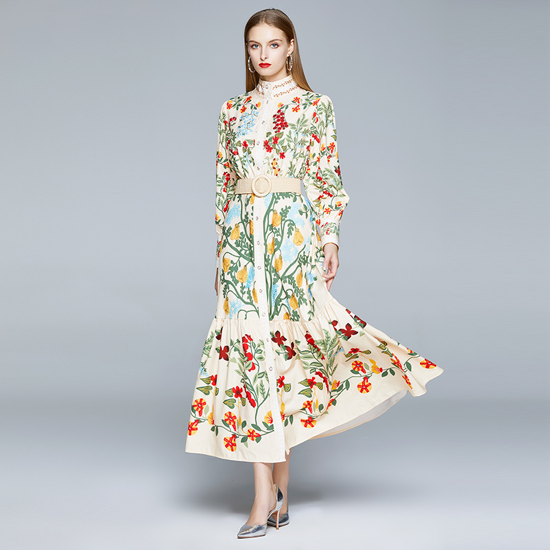 2020 Autumn Runway Maxi Dress Women’s Long Sleeve Stand Gorgeous Flower Print Long Dress Female Buttons up Sashes Holidays Dress alx