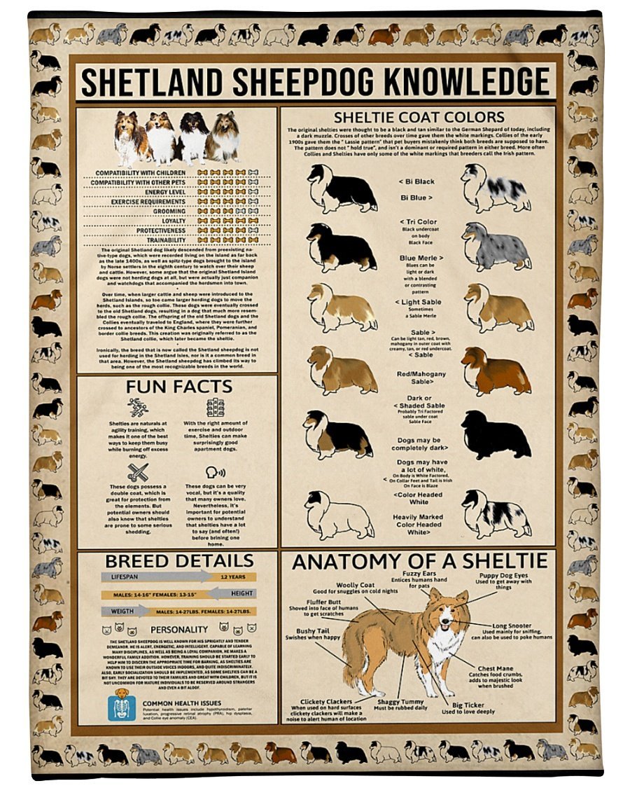 Vintage Shetland Sheepdog Knowledge Fleece Blanket Print 3D, Unisex, Kid, Adult