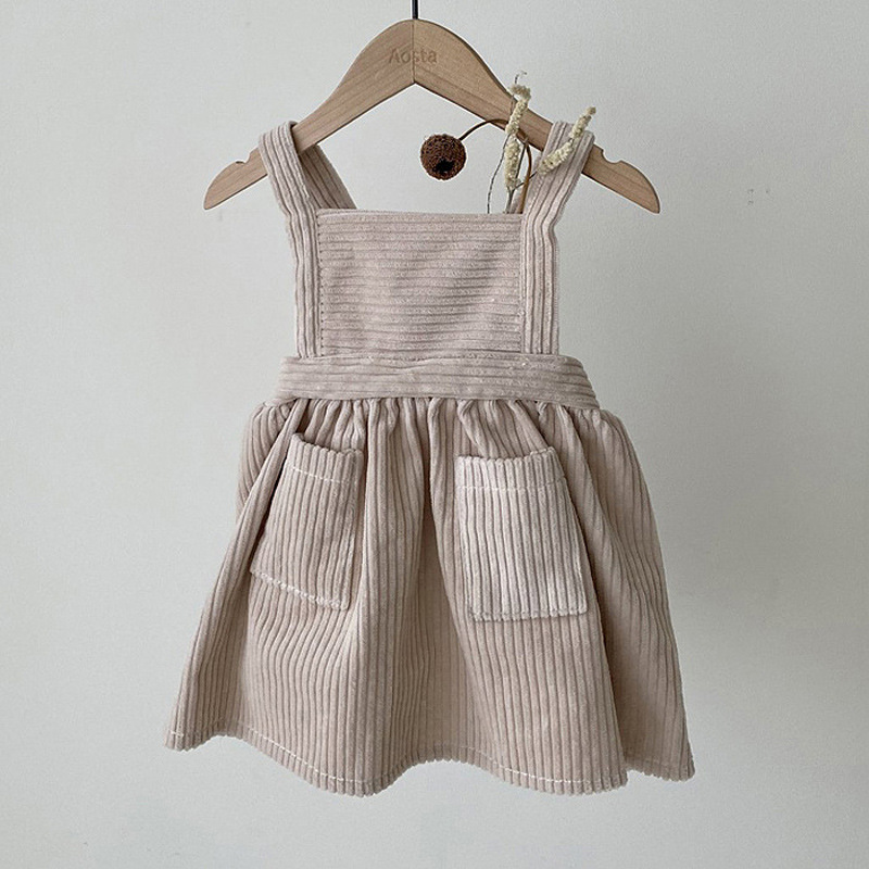 2022 Autumn New Baby Girl Retro Corduroy Dress Fashion Kids Sleeveless Strap Dress Square Collar Princess Dress Children Dresses alx