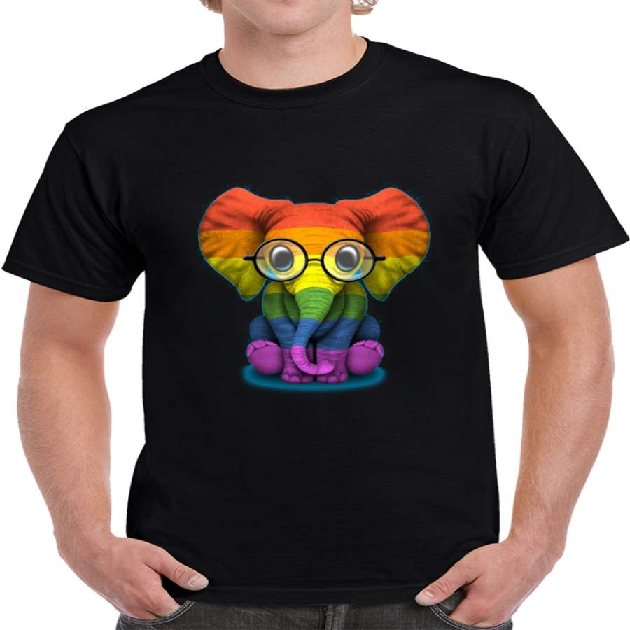 Baby Elephant With Glasses And Gay Pride Rainbow Flag T Shirt