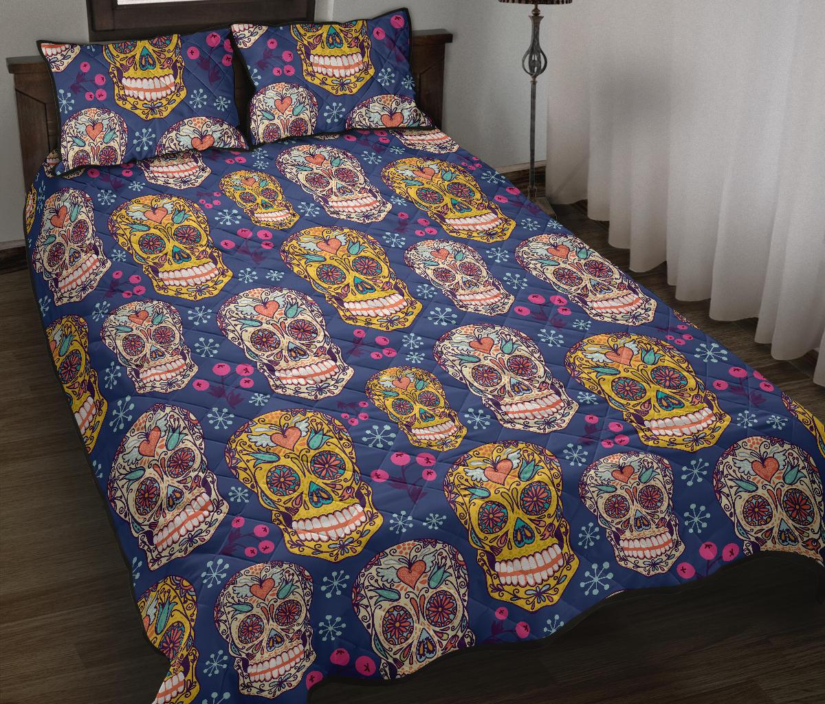 Sugar skull flower pattern Quilt Bed Set