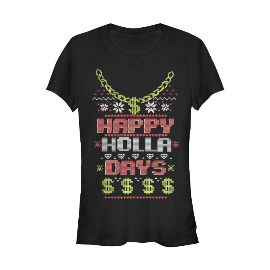 Lost Gods Junior’s Ugly Christmas Happy Holla Days  T Shirt Black