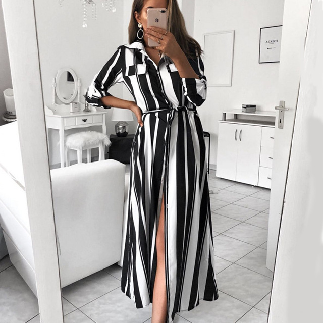 2021 Office Lady Turn-Down Collar Button Lace Up Long Shirt Dress Women Autumn Spring Long Sleeve Stripe Maxi Dresses alx