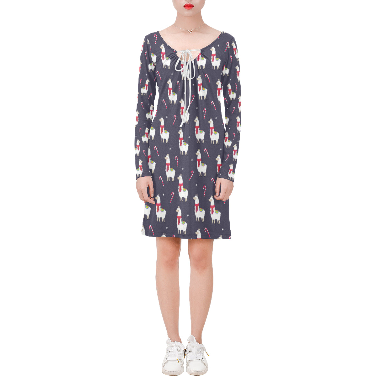 Llama With Candy Cane Themed Print Long Sleeves Dress