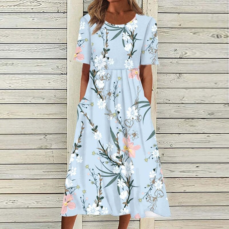 Summer Dress Women O Neck Pocket Casual Print Mini Dresses For Women Short Sleeve Loose Beach Party Dress Boho 2022 alx