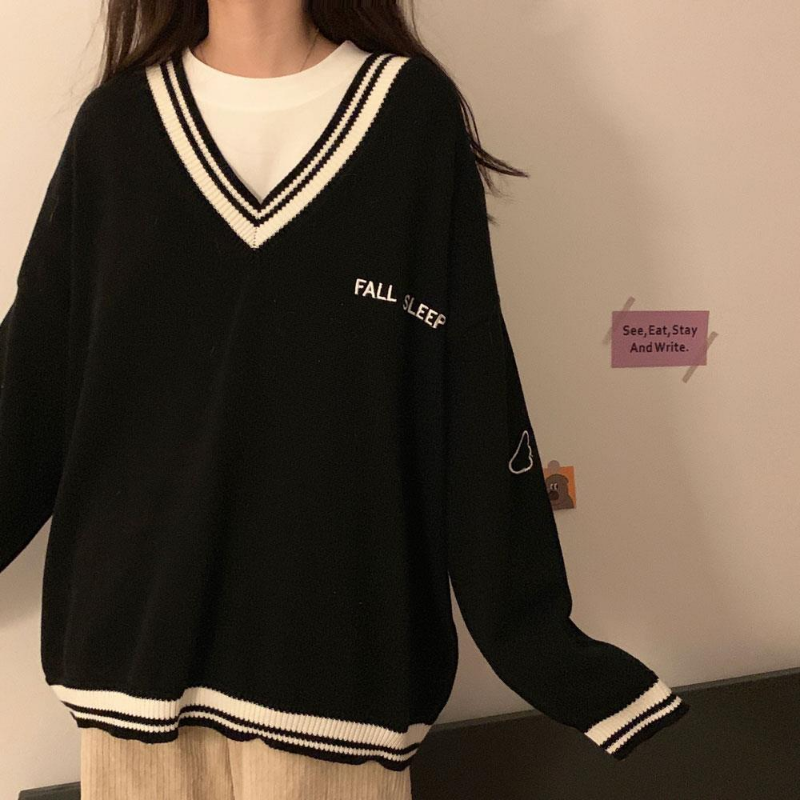 Sweaters Women Ulzzang Letter Chic Vintage V-neck Daily Oversize Girls Pullovers Student Fall Casual All-match Ins Women Sweater alx