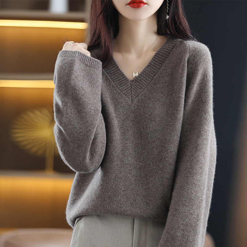 2022 Autumn Winter New V-Neck Pullover Thicken Loose Large Size Women 100% Pure Wool Sweater Coat Solid Color Knitted Jumper Top alx