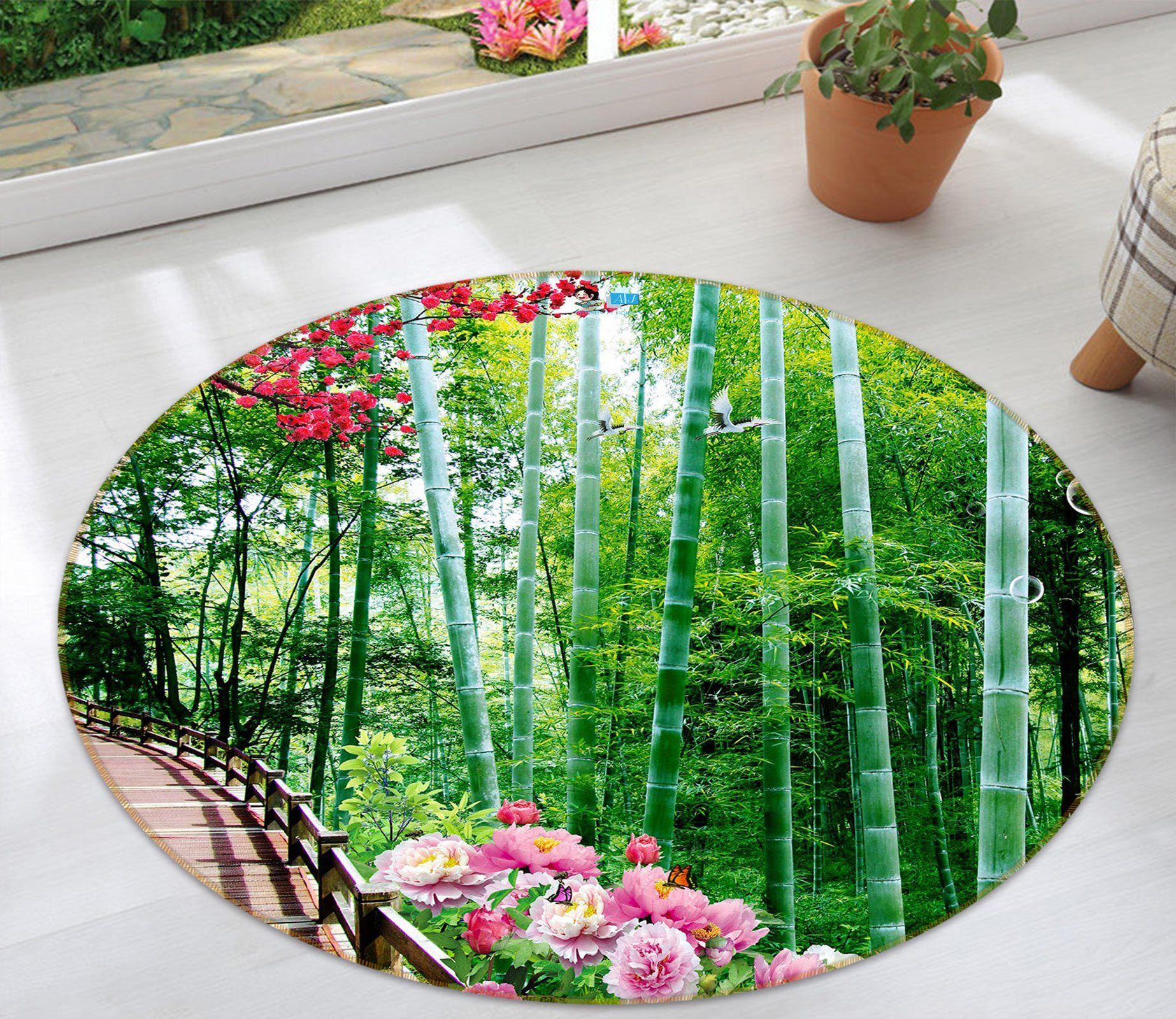 3D Bamboo Forest Flower 81018 Round Rug – Round Carpet Home Decor