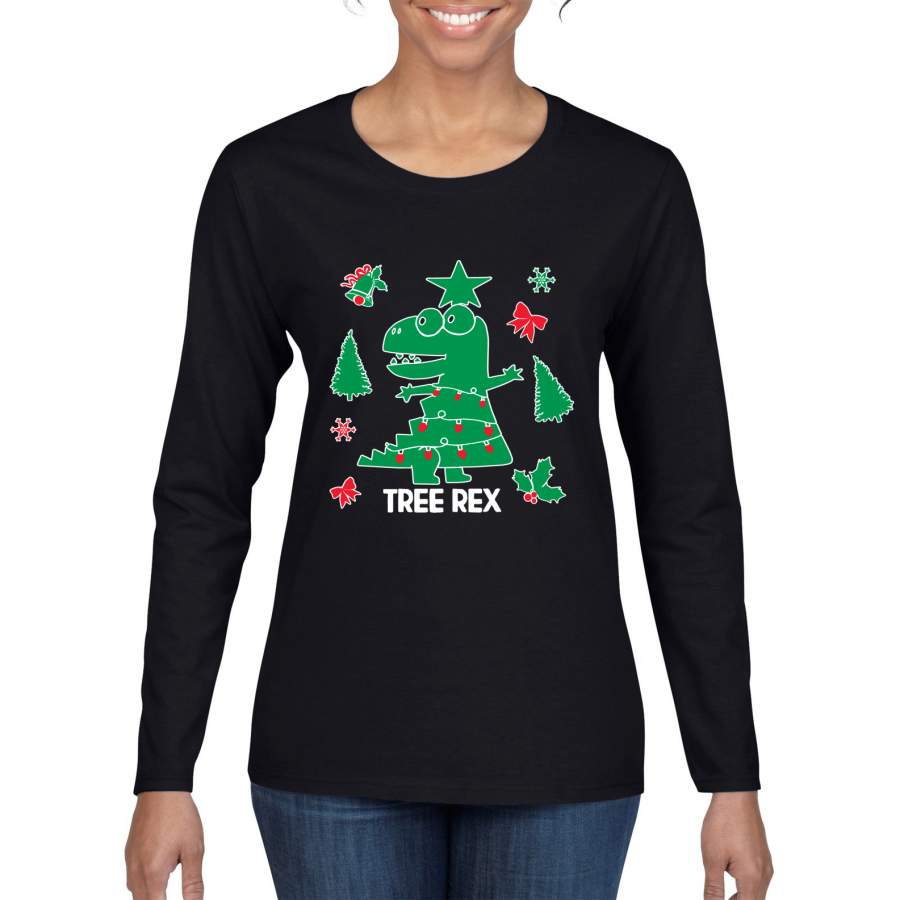 Christmas Trex Tree Rex Ugly Christmas Sweater Christmas Womens Graphic Long Sleeve T-Shirt