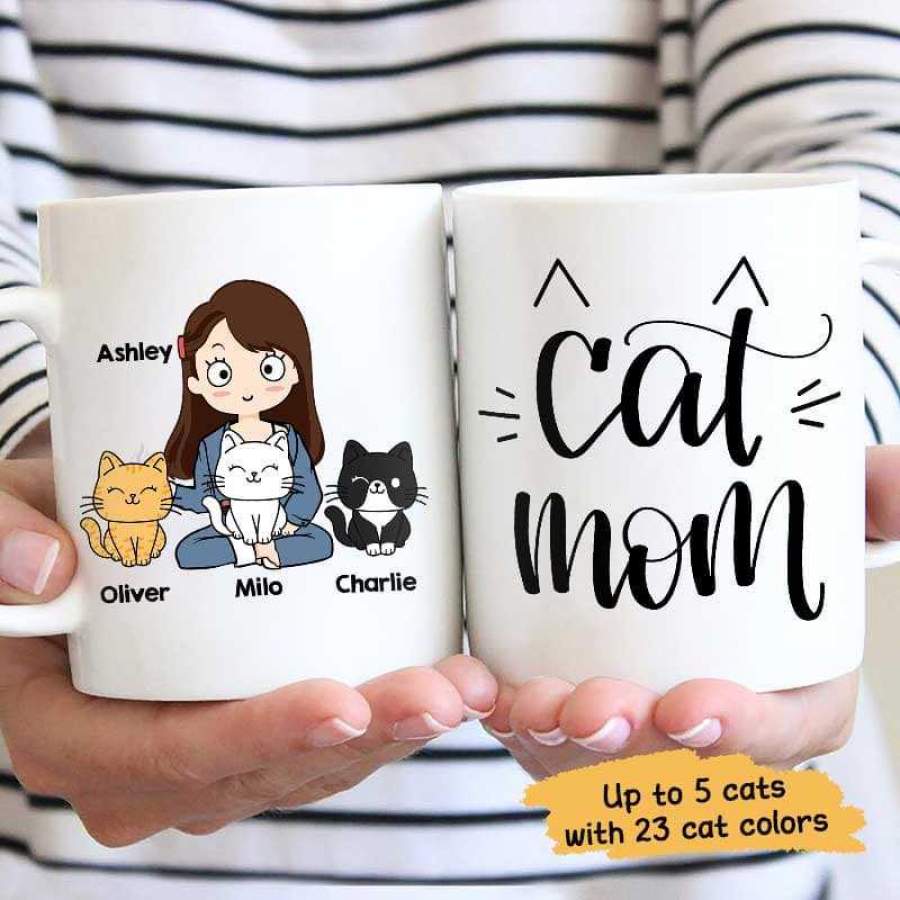 Cat Mom Chibi Girl And Sitting Cat Personalized Coffee Mug