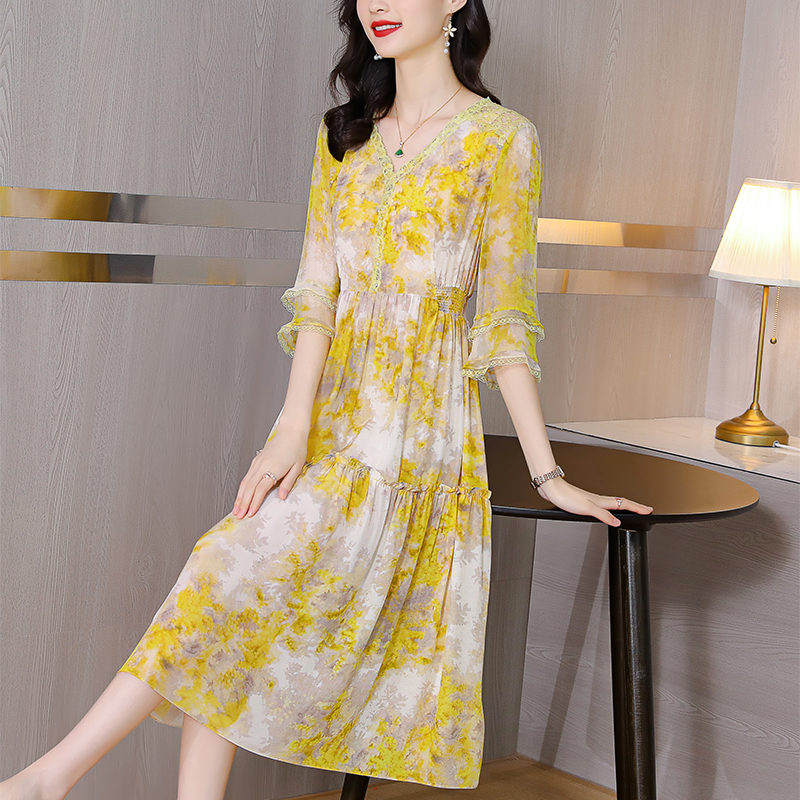 2022 Yellow Floral Mulberry Silk Beach Midi Dress Spring Summer Loose 4XL Plus Size Dress Women Elegant Skinny Party Vestidos alx