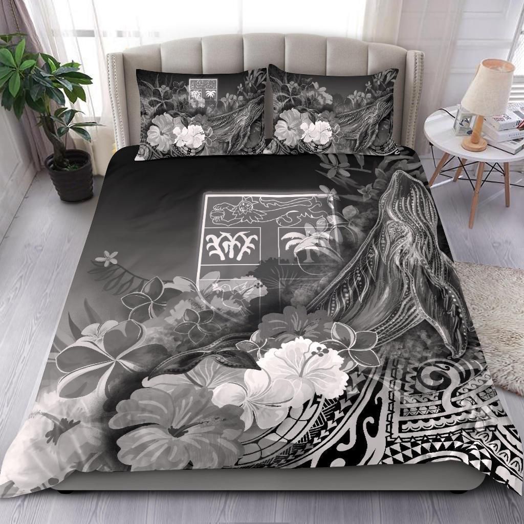 Alohawaii Bedding Set – Cover And Pillow Cases Fiji – Humpback Whale With Tropical Flowers (White)- Bn18