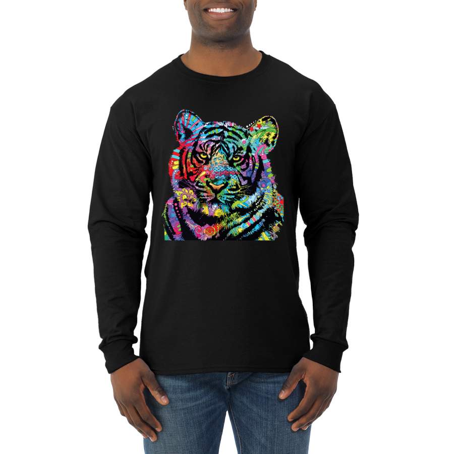 Cool Rainbow Neon Trippy Jungle Tiger Face Animal Lover Mens Long Sleeve Shirt