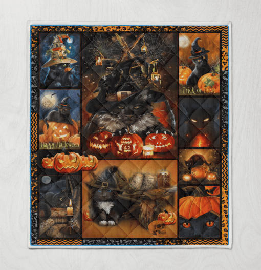 Happy Halloween Black Cat And Jack O Lantern Pumpkin Halloween Blanket