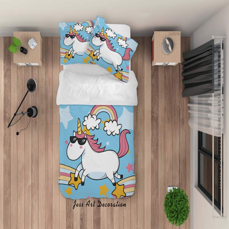 3D Blue Rainbow Stars Unicorn Quilt Cover Set Bedding Set Duvet Cover Pillowcases SF42