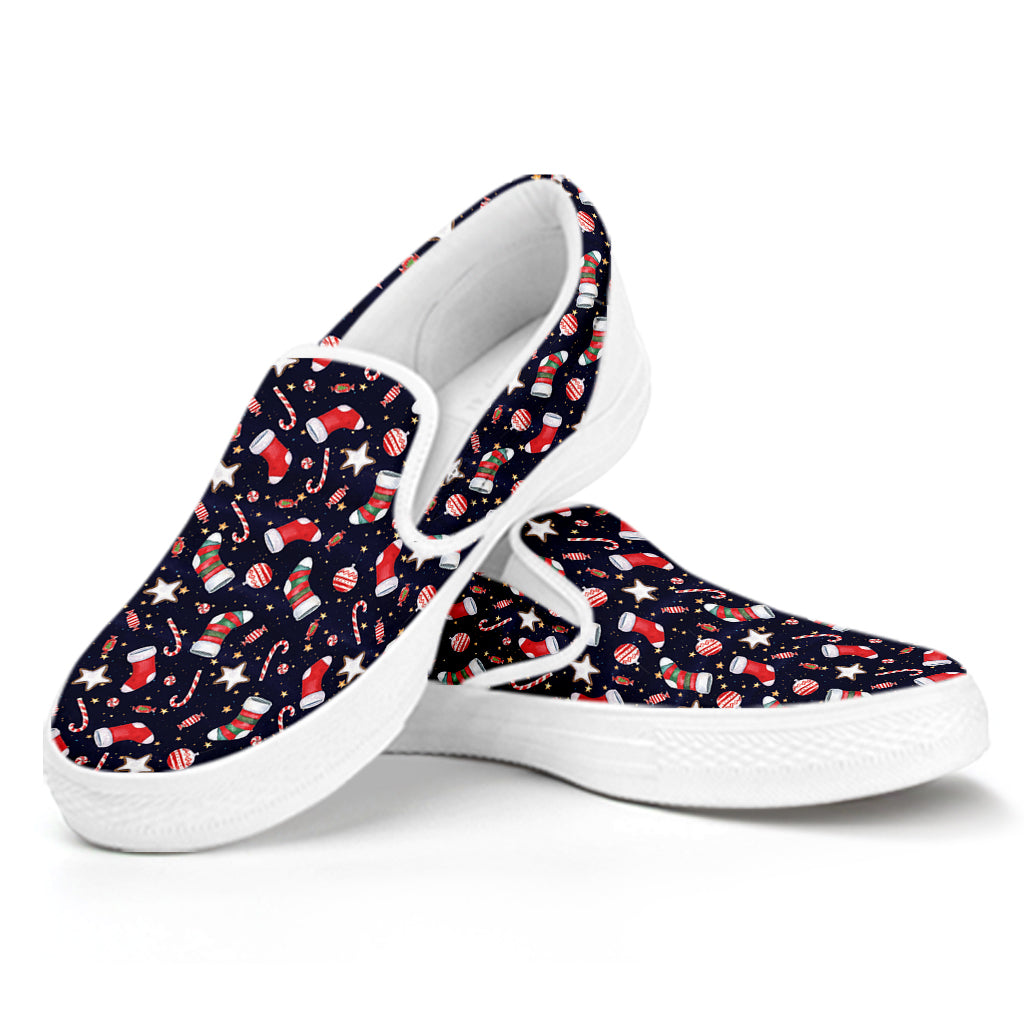 Watercolor Merry Christmas Pattern Print White Slip On Shoes