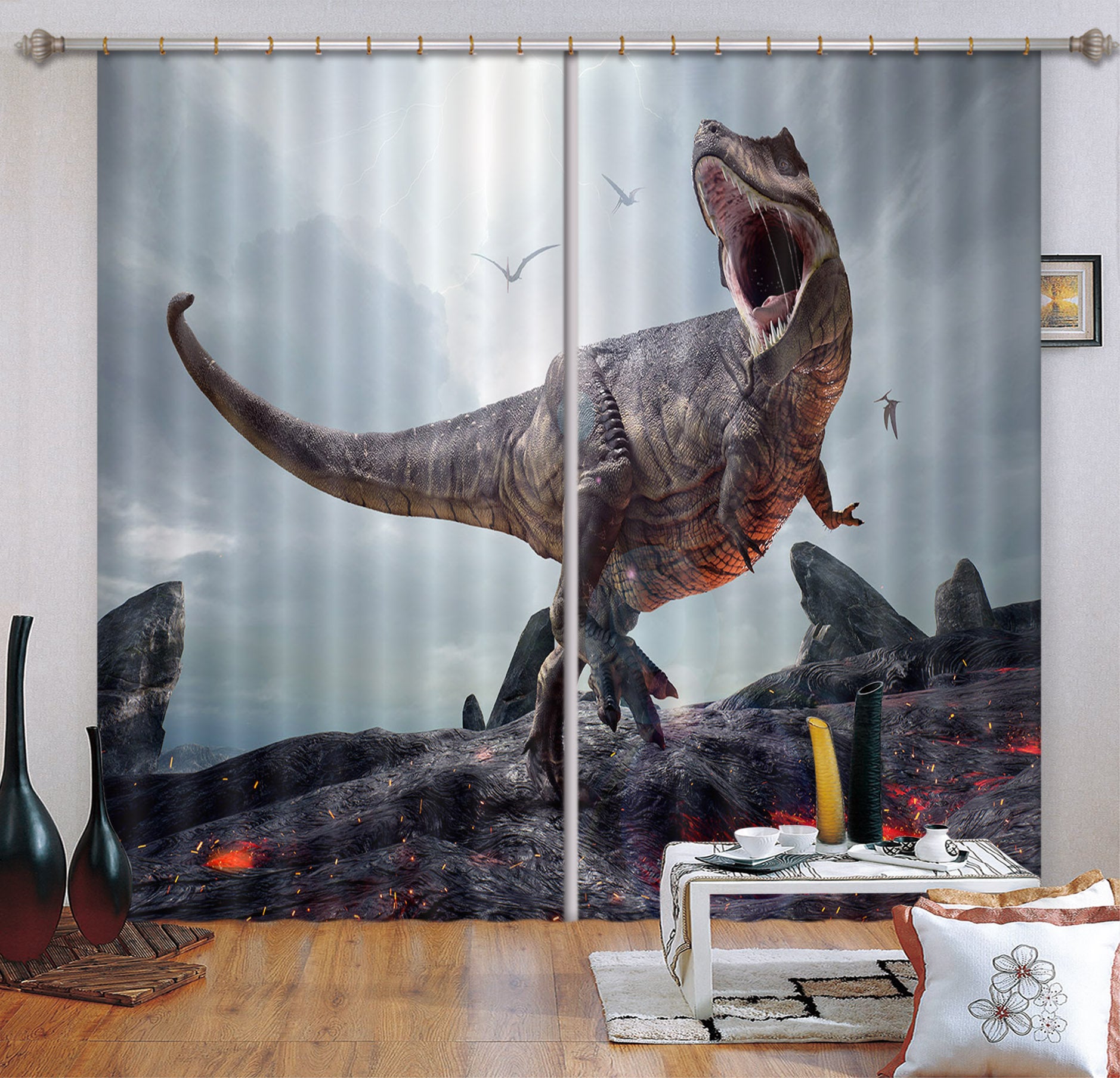 3D Dinosaur With Volcano C006 Blockout Photo Curtain Print Curtains Drapes Fabric Window | 3D Large Photo Curtain, Jess Art Decoration Wallpaper