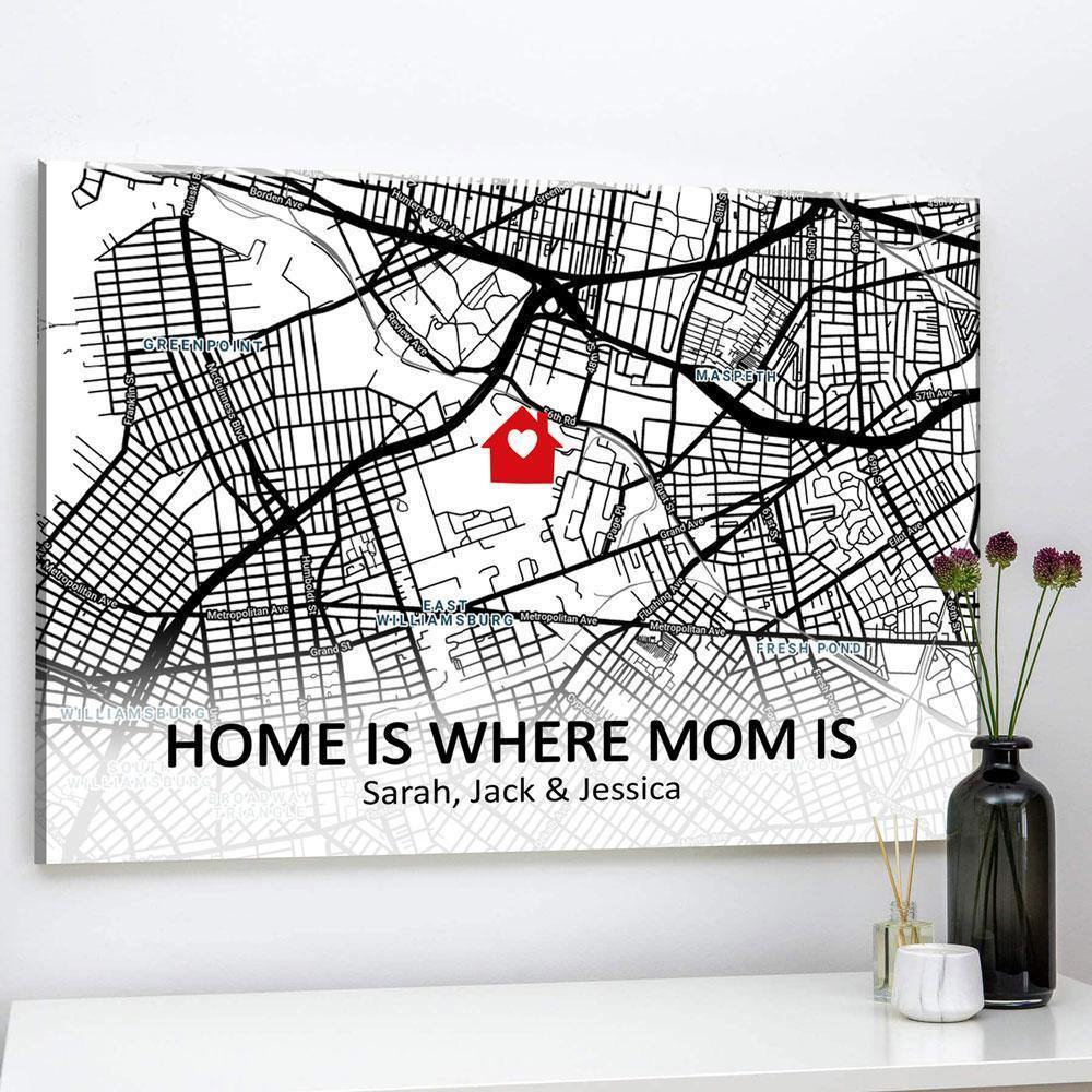 [Personalized Name] Map Home Is Where Mom Is – Gift For Family, Lovely Gift, Gift For Home Decor – Horizontal Canvas Matte Canvas Wall Art