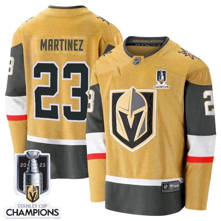 Alec Martinez 23 Vegas Golden Knights 2023 Stanley Cup Champions Patch Breakaway Home Jersey – Gold