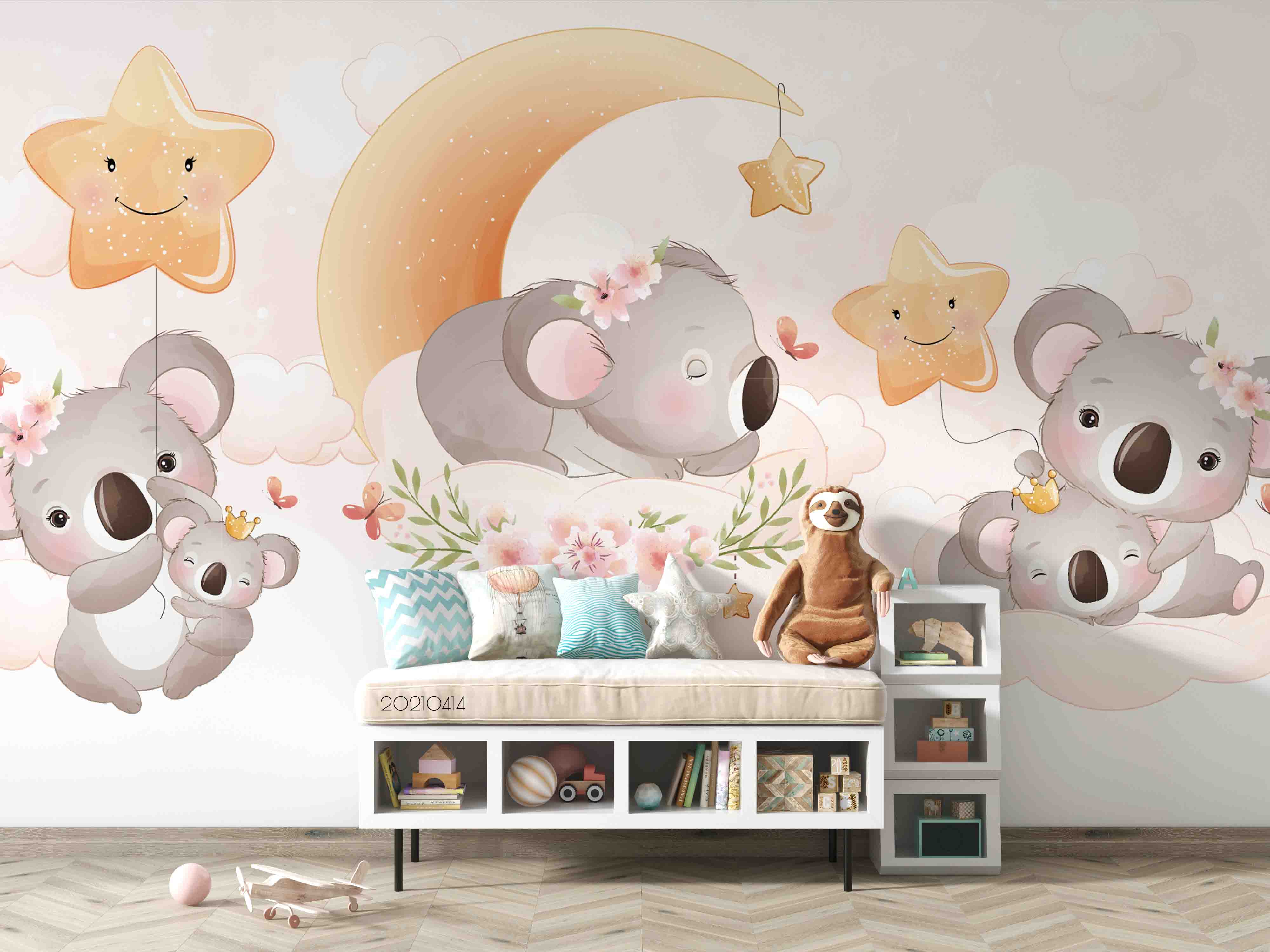 3D Cartoon Cute Animal Bear Moon Wall Mural Wallpaper Lqh 169